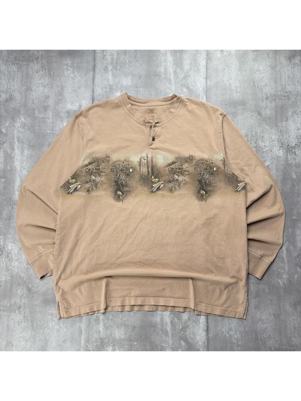 Vintage Beige Nature Double Sided Graphic Long Sleeve Henley Shirt